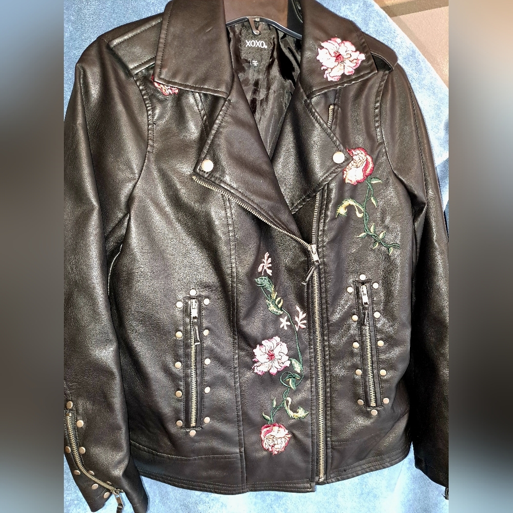 XOXO brand faux leather, motorcycle jacket with embroidered flowers